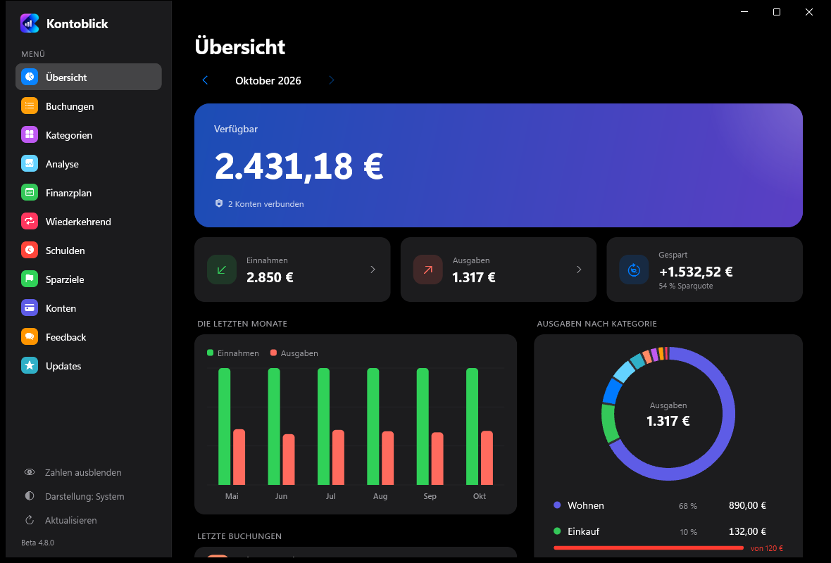 Kontoblick Übersicht mit verfügbarem Geld, Einnahmen, Ausgaben und Kategorien